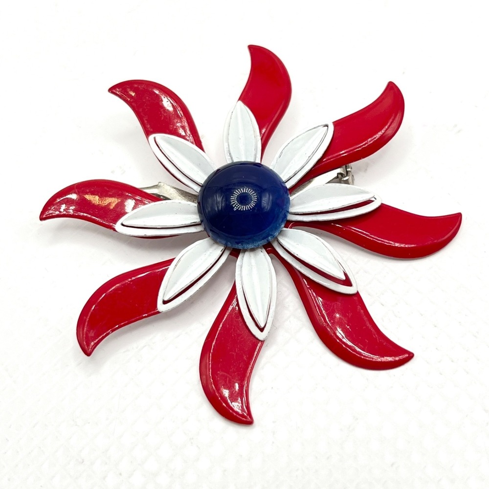 Vintage Big Enamel Flower Daisy Pinwheel Pin Brooch Red White Blue Patriotic‎ 3"